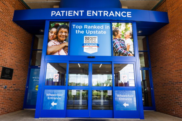 Freshly painted exterior entrance of Spartanburg Regional Hospital in Spartanburg, SC.